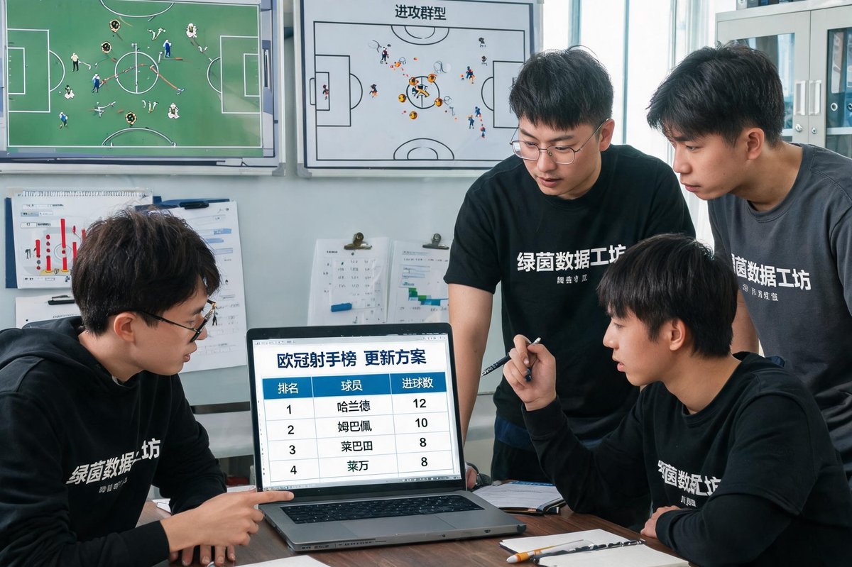 绿茵数据工坊团队在满是战术板的办公室内讨论欧冠射手榜数据更新方案