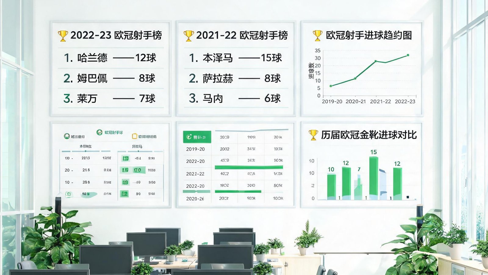 绿茵数据工坊的开放办公区，墙上挂着欧冠各赛季射手榜海报和数据分析图表