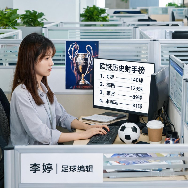 足球编辑李婷在工位撰写欧冠历史射手榜单专题文章