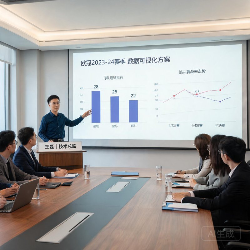 技术总监王磊在会议室展示欧冠数据可视化方案