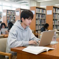 大学生模样的男生在图书馆使用笔记本电脑